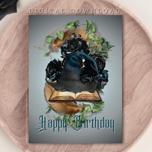 DOWNLOAD DIGITAL Chapéu de bruxa Cartão de aniversário alternativo assustador Cartão de felicitações exclusivo Cartão de sentimento sombrio e sombrio para impressão Gótico