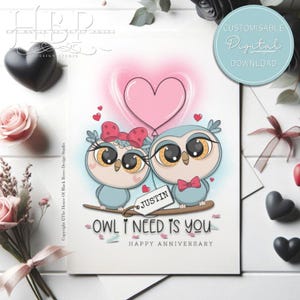DOWNLOAD DIGITAL Coruja personalizada Eu preciso de você Cartão de felicitações Coruja fofa Cartão de dia dos namorados Cartão de aniversário de casamento Coruja caprichosa Cartão de aniversário