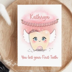 Carte de voeux personnalisée Girlie vous avez perdu votre première dent - nom personnalisé - souvenir unique de fée des dents - célébrer les étapes importantes des enfants