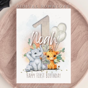 DIGITALER DOWNLOAD Personalisierte 1. Geburtstag Grußkarte Safari Tiere Baby Elefant Giraffe Sohn erste Geburtstagskarte spezieller Neffe