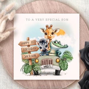 Carte d'anniversaire personnalisée pour voiture de la jungle sauvage, tout âge, thème Jeep safari dans la jungle, 1er 2e 3e anniversaire, animaux du zoo, tout âge, bébé garçon