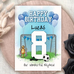 Carte de voeux personnalisée joyeux anniversaire sur le thème du football pour garçons, fan de tous les âges, carte d'anniversaire personnalisée pour enfant de football pour garçons