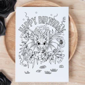 CYO Whimsical Dragon Wenskaart Happy Birthday Kleurkaart Kleur je eigen verjaardagskaarten Little Artist Thuis inkleuren
