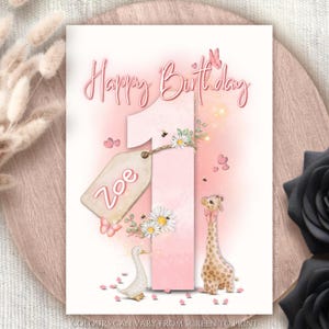 Personalised Age 1 to 6 Birthday Card Baby Girl Cute Card First Birthday Adorable Giraffe Second Birthday Infant Bday Card