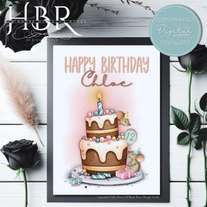 TÉLÉCHARGEMENT NUMÉRIQUE Souris fantaisistes personnalisées sur un gâteau d'anniversaire Carte de voeux Joyeux anniversaire Petite carte de souris mignonne Anniversaire Girlie Mouse
