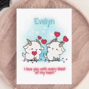 DOWNLOAD DIGITALE Biglietto d'auguri personalizzato per anniversario con capra, biglietto di San Valentino a tema fattoria, biglietto di compleanno kawaii con capra "Ti amo"