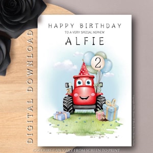 DESCARGA DIGITAL Tarjeta de cumpleaños personalizada con tractor rojo para niños Tarjeta de felicitación de granja Tarjeta de cumpleaños divertida para niños con diseño de granja para hijo, sobrino y nieto