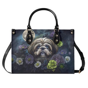 Shih Tzu Lover Bag Funny Dog Mom Handbag Vegan Leather Moonlit Puppy Purse Cute Fluffy Dog Crossbody Adorable Pet Shoulder Bag