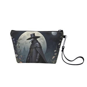 Plague Doctor Makeup Bag – Gothic Aesthetic Gift – PU Leather Zipper Sling Wristlet – Dark Academia Cosmetic Pouch – Occult Travel Organizer