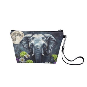 Elephant Makeup Bag – Elephant Lover Gift – PU Leather Zipper Sling Wristlet – Cute Wildlife Cosmetic Pouch – Nature Travel Organizer