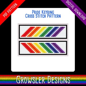May include: A digital PDF cross stitch pattern titled Pride Keyring Cross Stitch Pattern by Growsler Designs. The image displays two rectangular designs featuring diagonal stripes in red, orange, yellow, green, blue, and purple colours.