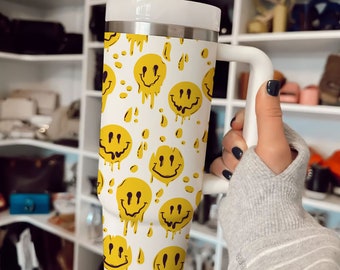 Stanley Dupe 40 Oz Smiley Water Cup 40 Oz Tumbler Preppy Water Bottle  Smiley Stanley Cup Preppy Insulated Tumbler Tumbler With Straw 