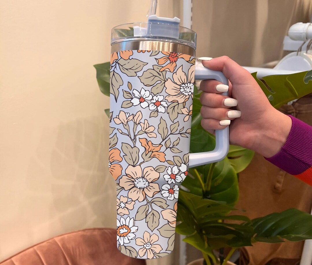 Tiny Orange Floral Tumbler 40oz With Handle, Custom Boho Floral 40oz Tumbler, 40oz Stainless Steel Tumbler With Lid and  Straw, 40oz Tumbler