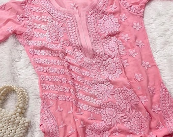 Viscose Chikankari Kurta, Hand Embroidered Ethnic Tunic