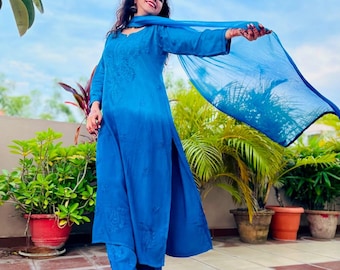 Handmade Blue Chikankari Kurti Set: Rayon Palazzo & Chiffon Dupatta