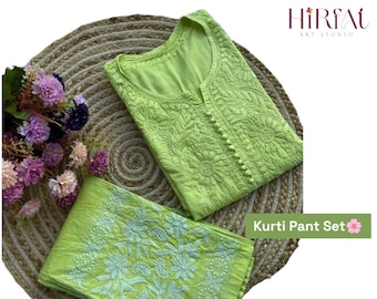 Plus Size Chikankari Kurti Pant Set: Dobby Cotton, Hand Embroidered