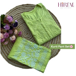 Conjunto de pantalón Chikankari Kurti de talla grande: algodón Dobby, bordado a mano