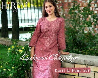 Handcrafted Chikankari Kurti Pant Set: Dobby Cotton Coord Set Plus size