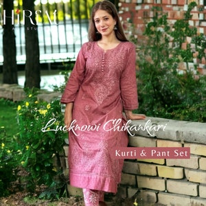 Handcrafted Chikankari Kurti Pant Set: Dobby Cotton Coord Set Plus size
