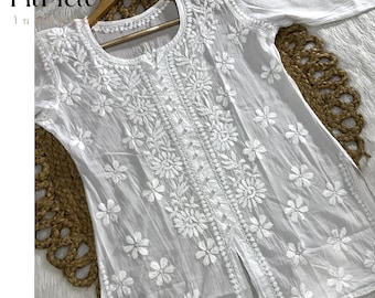 Handcrafted Cotton Kurti Top | Lucknowi Chikankari Embroidery