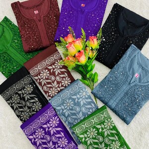 Lucknowi Chikankari Kurti, grote maten: handgemaakte Mukesh-katoenset