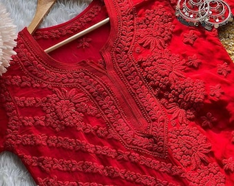 Hand Embroidered Chikankari Viscose Kurta, Ethnic Tunic