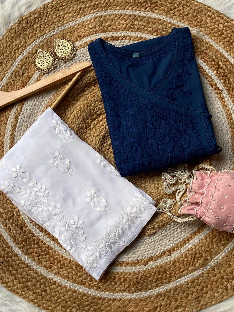 Handcrafted Chikankari Mul Cotton Angrakha Kurta with Modal Palazzo