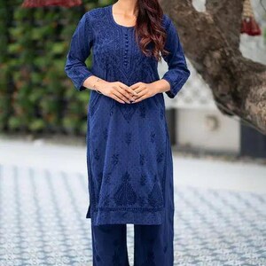 Lucknowi Chikan Kurti Palazzo Set: Dobby Cotton Thread Embroidery Blue Zodiac