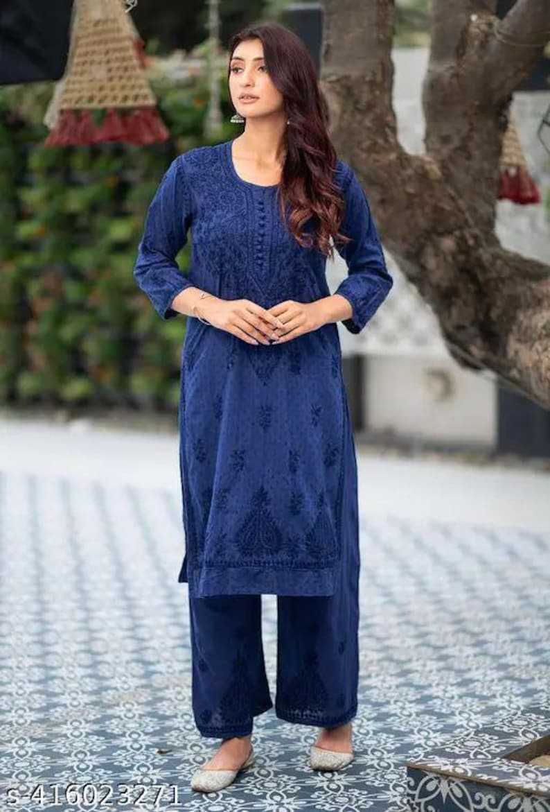 Lucknowi Chikan Kurti Palazzo Set: Dobby Cotton Thread Embroidery Blue Zodiac