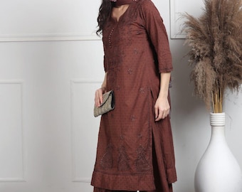 Dobby Cotton Chikankari Kurti Palazzo Set | Hand Embroidered 3-Piece Indian Ethnic Wear