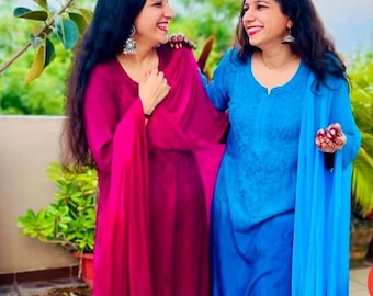 Handcrafted Chikankari Kurti Palazzo Set: Dyeable Rayon Chiffon Dupatta
