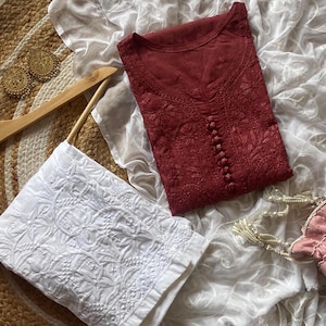 Handmade Chikankari Kurta Set: Dobby Cotton Kurti with Lycra Pants
