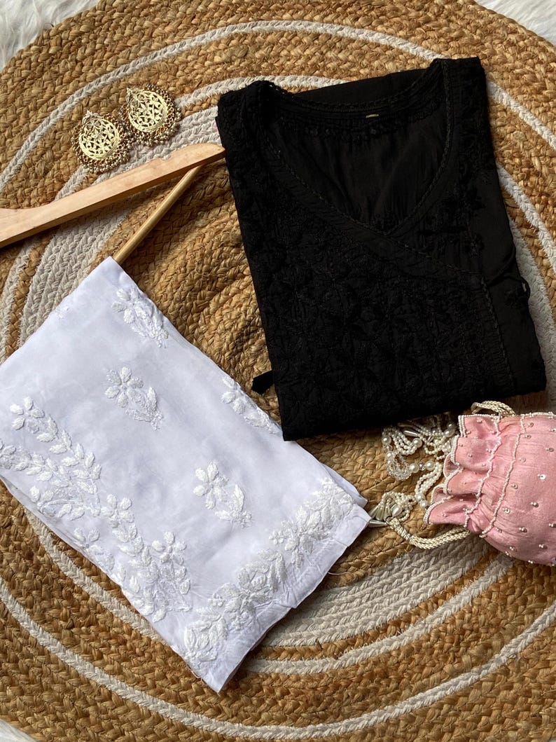 Handcrafted Chikankari Mul Cotton Angrakha Kurta with Modal Palazzo