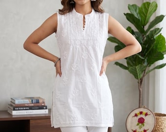 White Sleeveless Chikankari Kurti | Hand Embroidered Mul Cotton Tunic Top