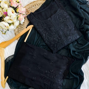 Handgjord Chikankari Kurti Palazzo Set: Färgbar Rayon Chiffon Dupatta Svart