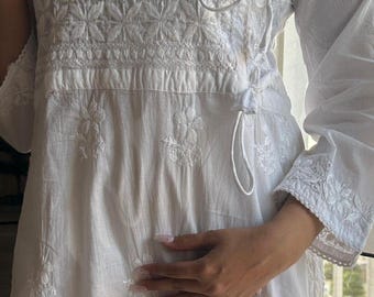 Handcrafted Chikankari Mul Cotton Angrakha Kurta with Modal Palazzo