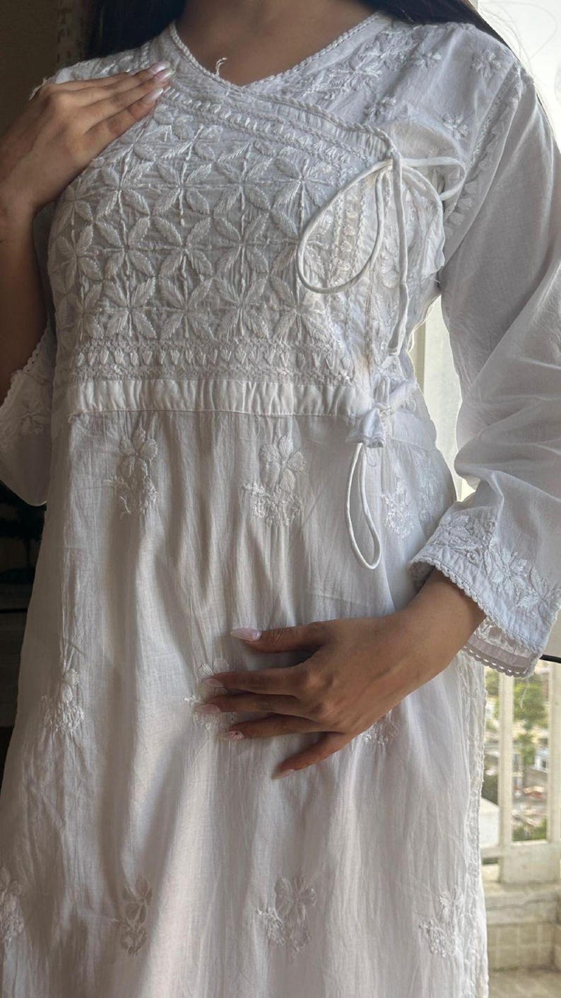 Handcrafted Chikankari Mul Cotton Angrakha Kurta with Modal Palazzo