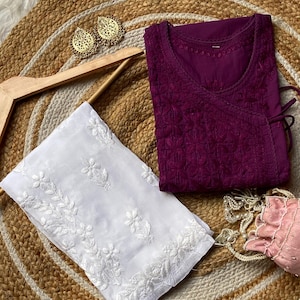 Handcrafted Chikankari Mul Cotton Angrakha Kurta with Modal Palazzo
