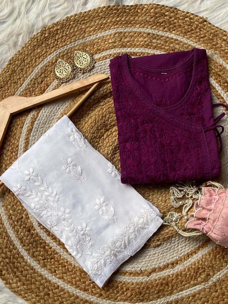 Handcrafted Chikankari Mul Cotton Angrakha Kurta with Modal Palazzo