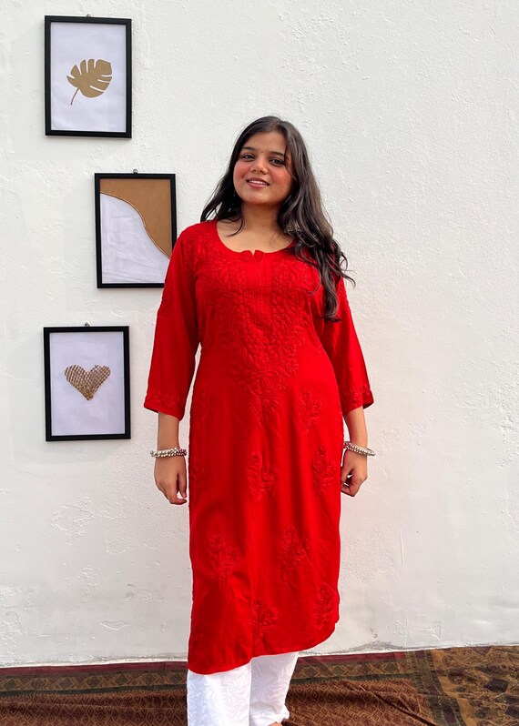 Lucknowi Chikankari Rayon Kurti Set: Embroidered Pant, Dyeable