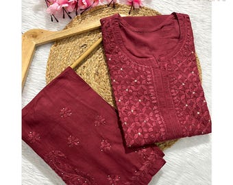 Baumwolle Kurta Palazzo Set: Chikankari Stickerei & Mukesh Arbeit