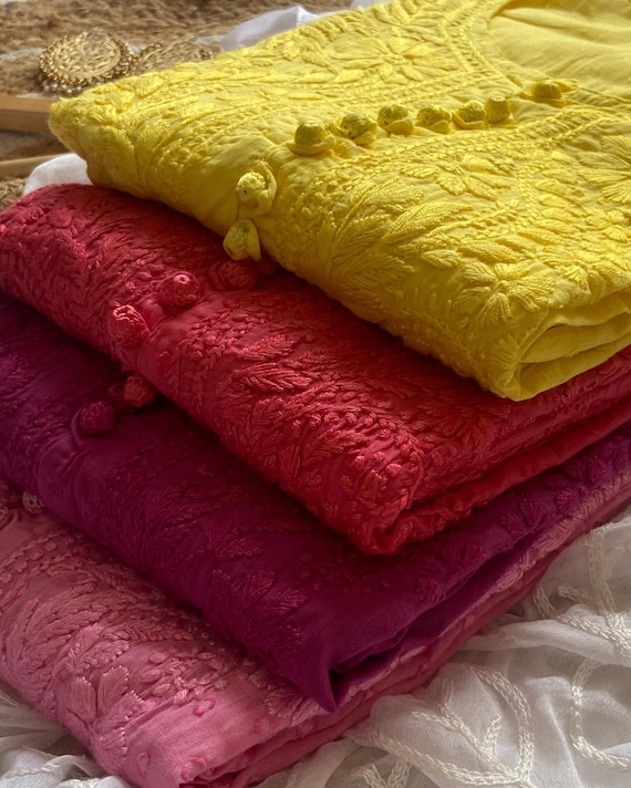 Handmade Chikankari Kurta Set: Dobby Cotton Kurti with Lycra Pants