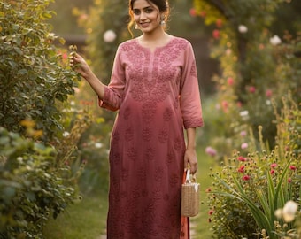 Modal Ombre Kurti | Hand Embroidered Chikankari, Indian Ethnic Wear