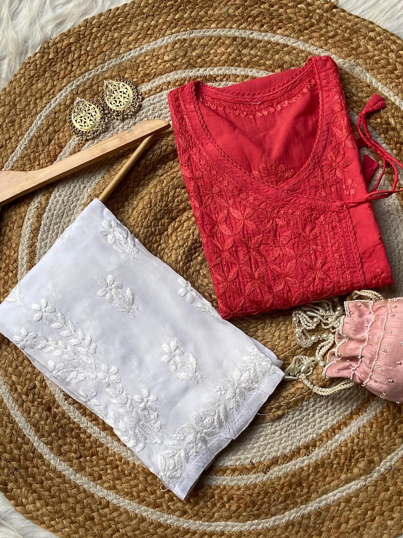 Handcrafted Chikankari Mul Cotton Angrakha Kurta with Modal Palazzo