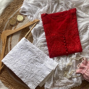 Handmade Chikankari Kurta Set: Dobby Cotton Kurti with Lycra Pants