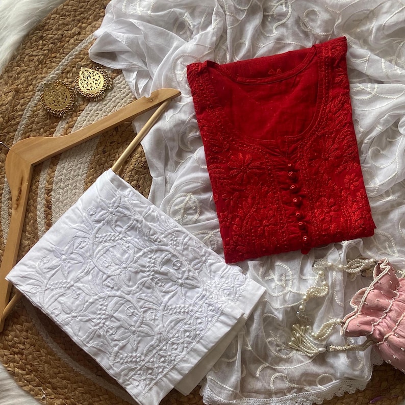 Handmade Chikankari Kurta Set: Dobby Cotton Kurti with Lycra Pants