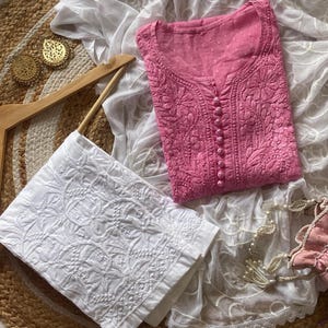 Handmade Chikankari Kurta Set: Dobby Cotton Kurti with Lycra Pants