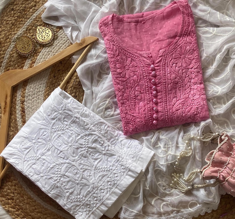 Handmade Chikankari Kurta Set: Dobby Cotton Kurti with Lycra Pants