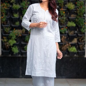 Lucknowi Chikan Kurti Palazzo Set: Dobby Cotton Thread Embroidery White
