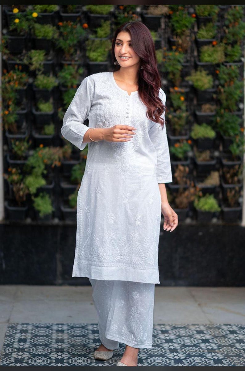 Lucknowi Chikan Kurti Palazzo Set: Dobby Cotton Thread Embroidery White
